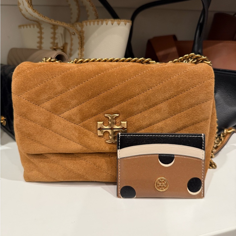 Tory Burch Tan Suede Kira Shoulder Bag and matching card holder.